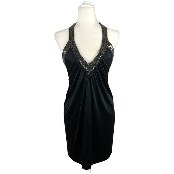 BCBG Diamante Mesh Mini Dress Black V-Neck Halter XS Clubwear Disco Party - Picture 1 of 14